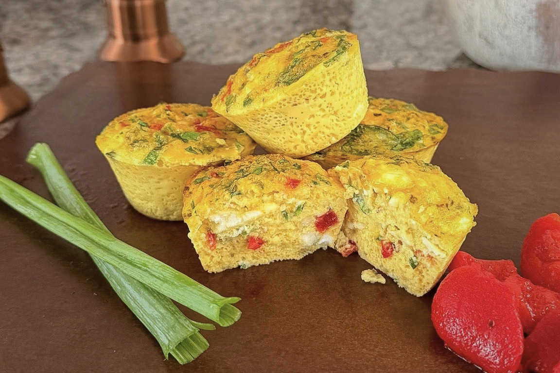 Cottage cheese egg bites with roasted red peppers, spinach and feta